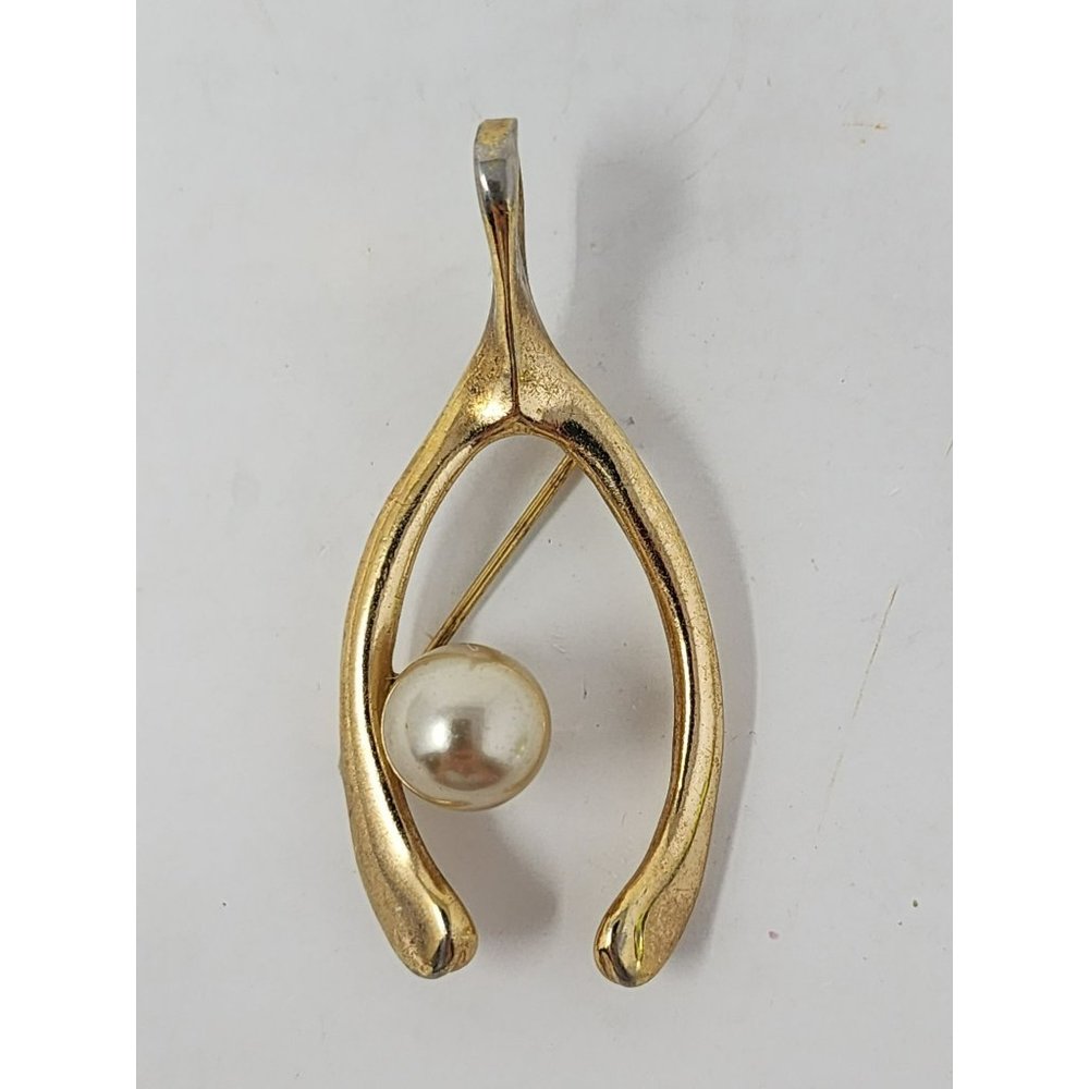Vintage Gold Tone Brooch Wishbone Shaped With Single Faux Pearl Costume Jewelry